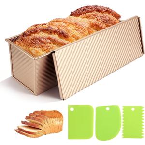 2.2 Lb Pullman Loaf Pan with Lid, 13x4 Nonstick Carbon Steel Bread Pan for Sandwich & Sourdough, Rectangular Corrugated Toast Box Mold for Oven Baking, Heavy Duty Bakeware (Gold)