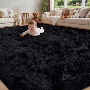 8x10 Area Rug for Living Room:Ultra Soft Fluffy Shag Black Rugs,Large Fuzzy Plush Indoor Non Slip Carpet Washable Rug for Bedroom Kids Nursery Office Dorm Modern Decor(Black)