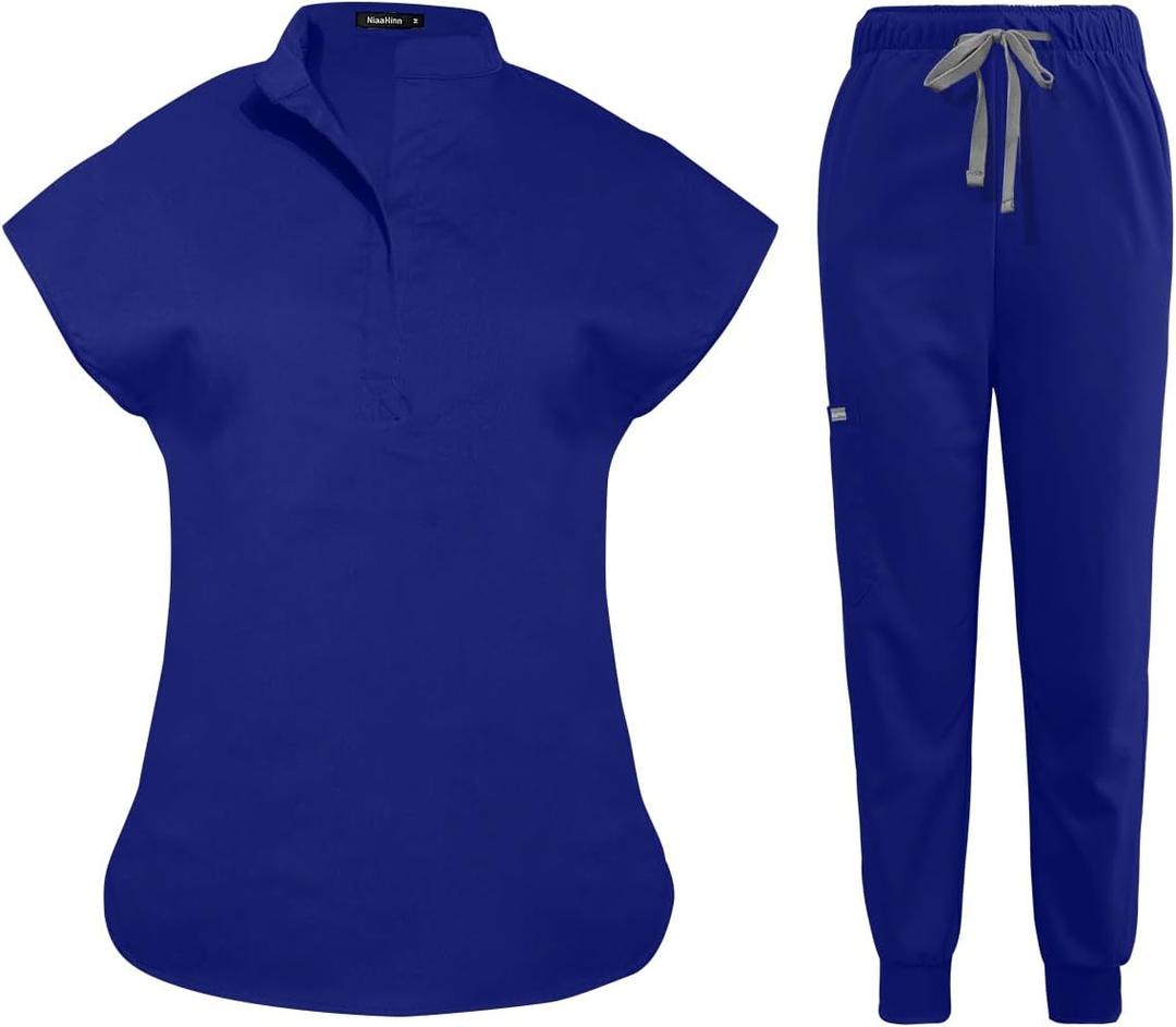 niaahinn Scrubs Set for Women Nurse Uniform Jogger Suit Stretch Top & Pants with Multi Pocket for Nurse Esthetician Workwear (X-Large, Dark-Blue)