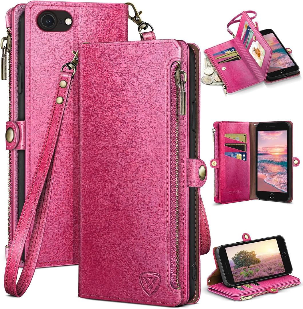 XcaseBar for iPhone SE 3rd/7/8 Wallet case with Zipper Credit Card HolderRFID Blocking, Flip Folio Book PU Leather Phone case Shockproof Cover Women Men for Apple SE case Rose Red