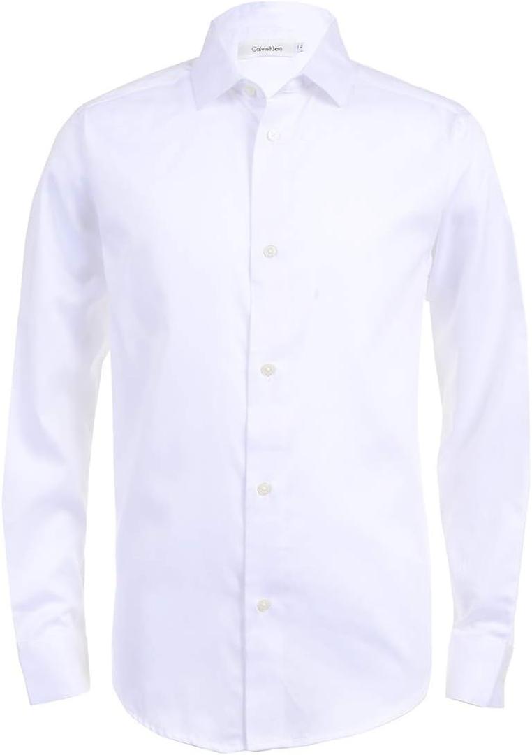 Calvin Klein Boys' Long Sleeve Buttoned Cuffs & Shirttail Hem Sateen Dress Shirt (14, White)