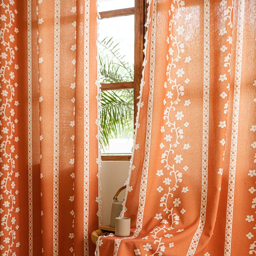 Sutuo Home Terracotta Boho Curtains 2 Panels for Dining Room Bedroom 96 inches Long, Bohemian Semi Blackout Floral Stripes Decor with Tassels Country Privacy Window Treatment,Grommet 52" W x 96" L
