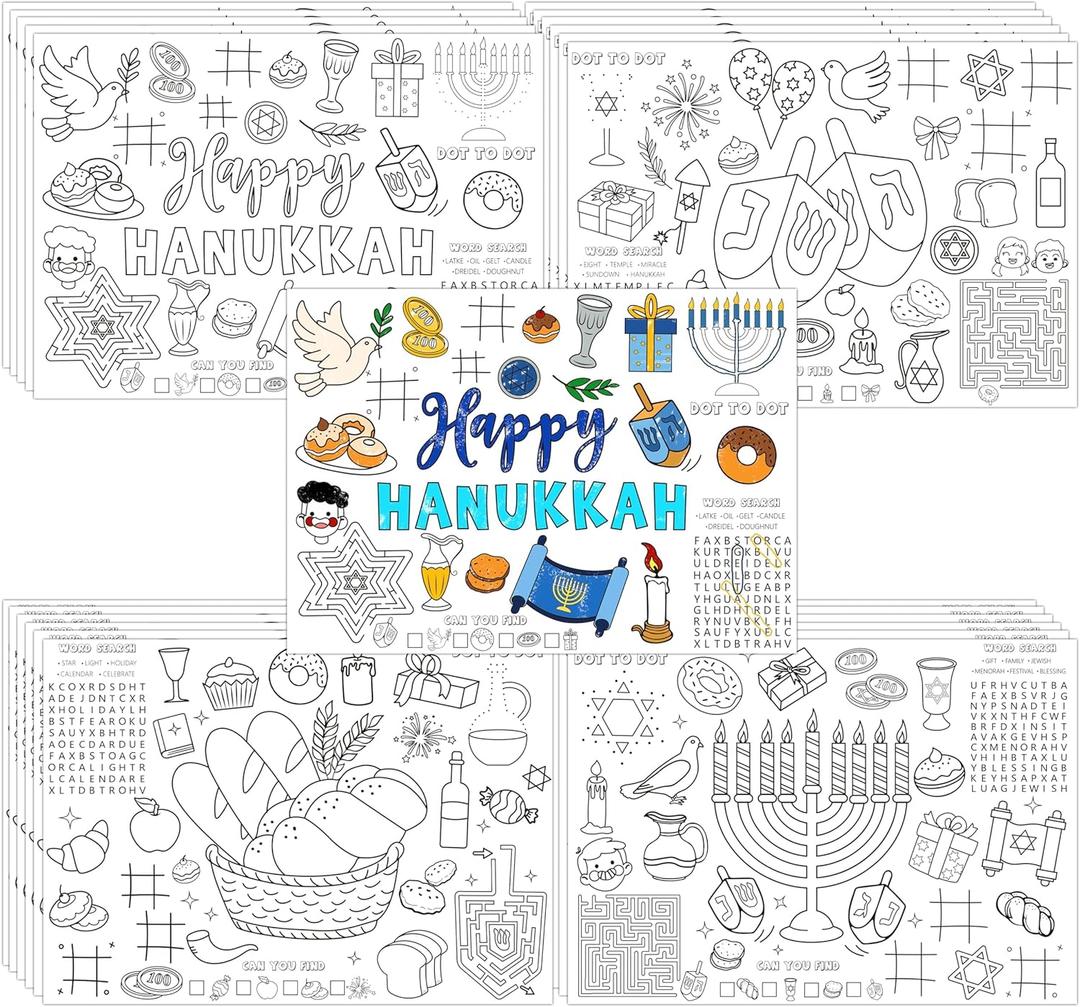 Sinasasspel Hanukkah Coloring Placemats 24PCS Disposable Table Place Mats Happy Chanukah Party Decor Kitchen Dining Activity Paper Supplies Menorah Dreidel Games 4 Designs