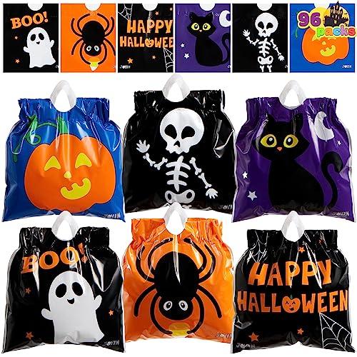 JOYIN 60 Pcs Halloween Drawstring Candy Bags, Small Trick or Treat Goodie Bags Bulk, 6 Designs Halloween Plastic Gift Bag for Kids Trick or Treating, Boys Girls Party Favors Supplies, Classroom Gifts