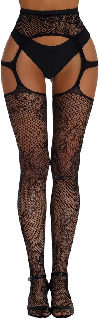 Verdusa Women's Fishnet Stockings Tights High Waist Lace Suspender Pantyhose Cut Out Black one-size