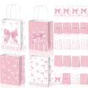 Qpout 12 PCS Bow Gift Bags Bulk, Small Pink Gift Bag, Coquette Goodie Bag, Pink Bow Party Favor Bags Paper Treat Candy Snack Bag for Girls Birthday Baby Shower Wedding, 1 Count