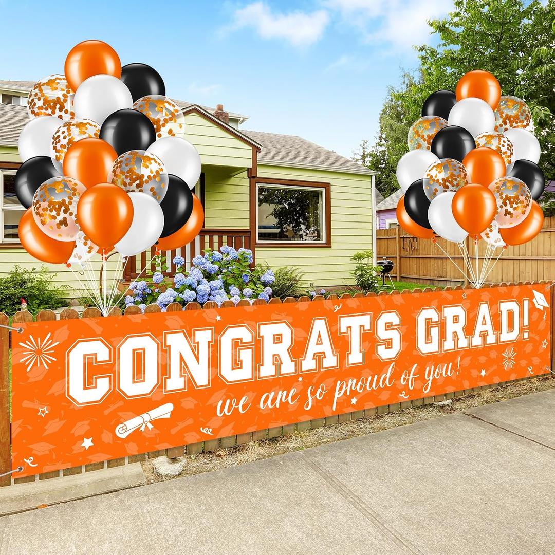 37Pcs Graduation Banner Balloon Decorations Class of 2025, Congrats Grad Banner Yard Outdoor Decorations, Graduation Banner Set for High School College Graduation Party Supplies, Orange