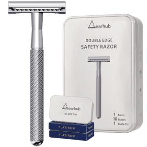 Double Edge Safety Razor Stainless Steel Metal Reusable Wet Shaving Razor with 10 Swedish Platinum Blades for Men Women Barber Bikini Armpit Hair, Silver GRB3G