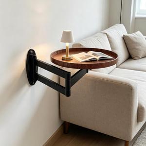 Retractable Wall Mounted Folding Table, 11.8" Adjustable Folding Round Coffee Table Small Foldable Desk with Retractable Brackets for Bedroom Balcony Living Space Saving (Walunt Color)