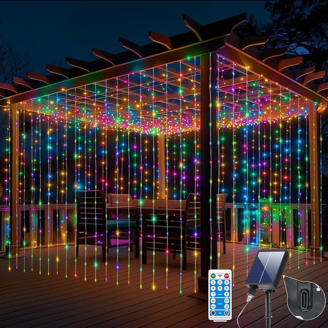 300LED Solar Curtain Lights Waterproof, Upgraded Twinkle String Fairy Light Remote Control 8 Mode Dimmable Solar Hanging Waterfall Lights with USB Rechargeable for Outdoor (Multi-Colored) (10 Feet)