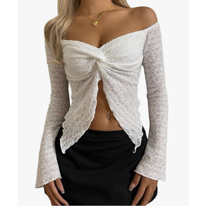 MakeMeChic Women's Off The Shoulder Textured Tee Shirt Bell Sleeve Lettuce Trim Going Out Crop Tops, No Size