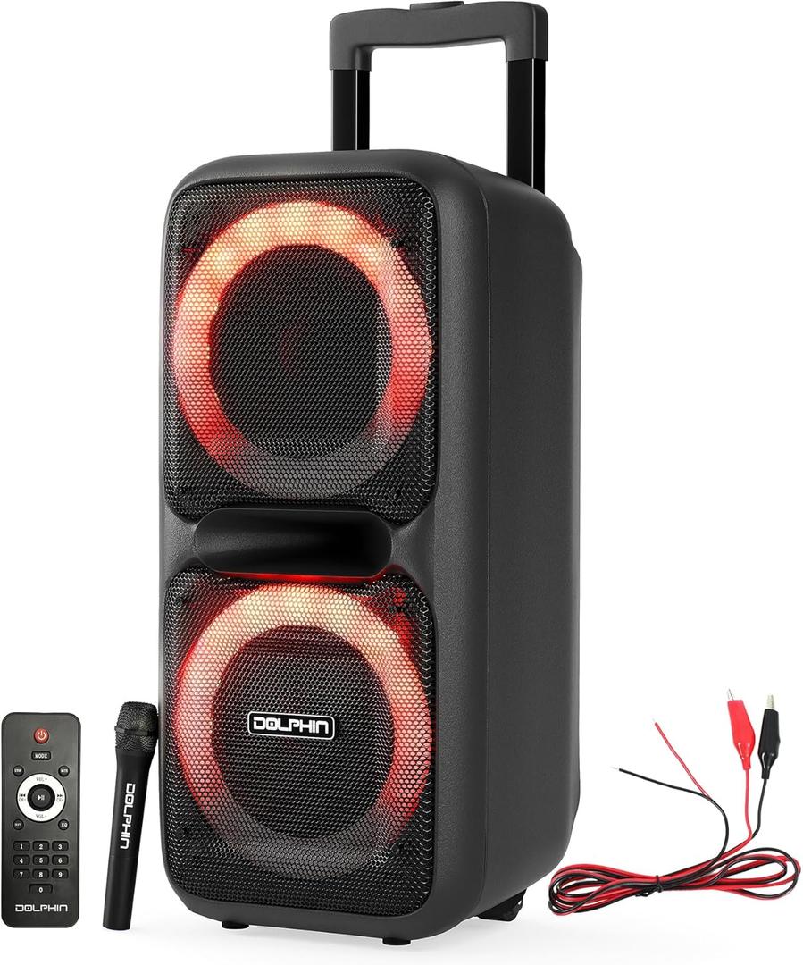 Party Speaker Dolphin SP-2080RBT Dual 8-Inch High Power Portable Bluetooth, Wireless Microphone, Deep Bass, LED Lights, USB/SD Card, Rechargeable Battery