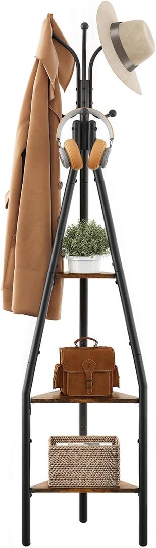 Hoctieon 3-Tier Coat Rack Freestanding with Hooks, Industrial Coat Tree Freestanding, Mordern Coat Racks Free Standing with Shelf, Coat Rack with Storage for Clothes, Hats, Bags (Brown+Black)