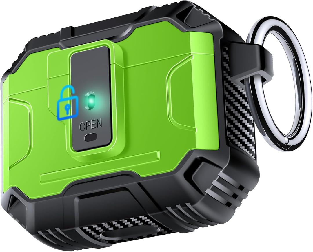Armoured Heavy Duty for AirPods 4th Generation Case with Lock & Keychain, 360Heavy Duty Drop Protection, 1-Click Open & Magnetic Lid, AirPods 4th Gen Hard Cover Case for Outdoor & Travel-Grass Green