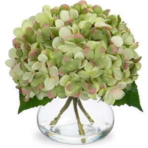 Hollyone Hydrangea Artificial Flowers with Glass Vase Dark Green Silk Faux Flowers Arrangements In Vase with Faux Water Fake Floral Bulk Bouquet for Home Decor Table Centerpiece Decorations