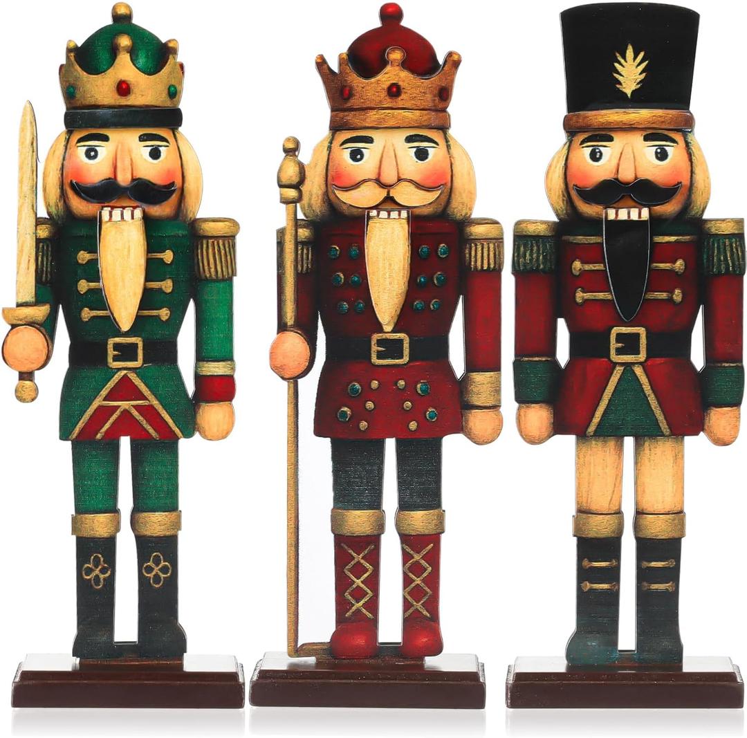 Thyle 3 Pcs Christmas Nutcracker Soldier Decorations 7 in Wooden Traditional Christmas Nutcrackers Figures Wood Veneer Vintage Xmas Tabletop Decoration for Fireplace Collectible Gifts(Classic Color)