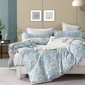 Smoky Blue Botanical Cotton Comforter Queen Size - 3PC Lightweight Bedding Sets with Soft Fill, Luxurious Vintage-Inspired Floral Patterns, Light Gray Striped Reversible Design