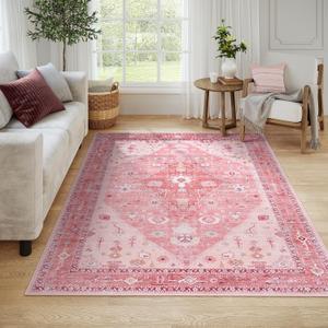 Lahome 5x7 Washable Pink Rugs for Bedroom Girls, Boho Tribal Nursery Living Room Rug, Vintage Soft Non Slip Area Rugs Indoor Carpet for Dorm Classroom Kids Room (5x7ft,Pink) (5' x 7')
