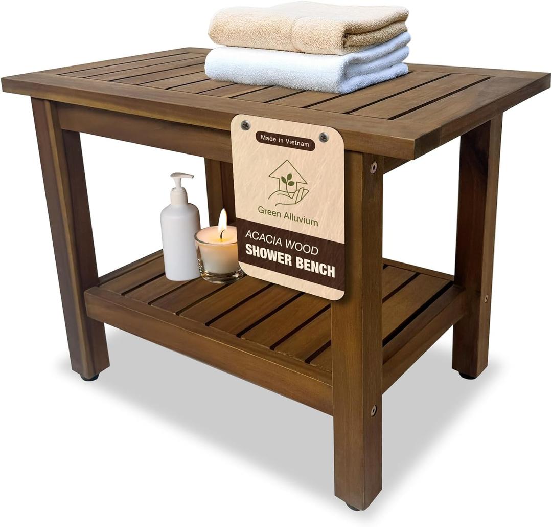 24 inch Acacia Wood Shower Bench with Storage Shelf - Waterproof Sturdy Shower Stool - Shower Seats for Adults and Elderly - Bathroom Bench 350 lb Capacity
