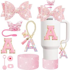 XIANGYUAN 8PCS Stanley Cup Accessories Set for Stanley Cup 30oz 40oz Tumbler with Handle,Including Straw Topper Cover Cap and Boot,Spill Proof Stopper,Handle Charm,Initials Sticker (Pink A)