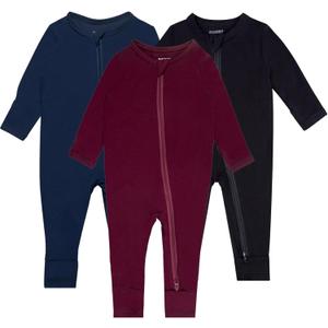 GUISBY Baby Pajamas with Mitten Cuffs - 3Pcs Girls Boys 2 Way Zipper Long Sleeve Rayon Sleepers (12-18 Months, Maroon-Navy-Black)