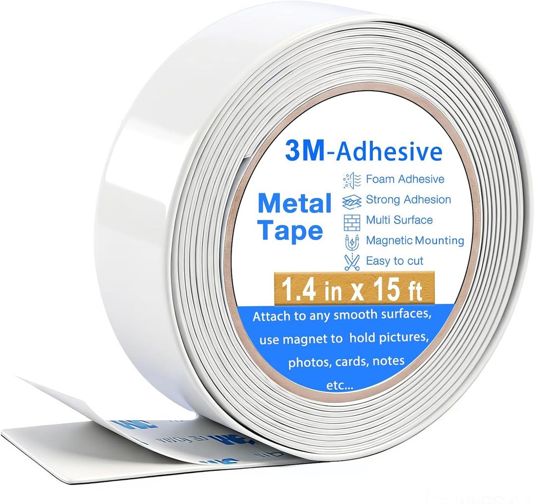 Metal Tape with Adhesive for Magnets, (1.4 inch Wide X 15 ft Long) Flexible White Metal Tape Roll, White Ferrous Tape Stick on Wall to Hold Magnetic Products