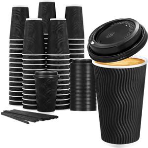 Lamosi 16 oz Disposable Coffee Cups with Lids, 50 Pack Insulated Hot Cups To Go Paper Coffee Cups with Lids and Straws, Corrugated Ripple Wall Cup for Hot Drink, Office, Coffee Bar (Black)