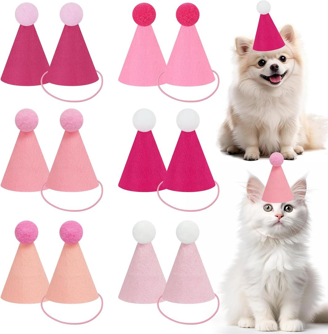 12pcs Pink Mini Party Hats for Stuffed Animals, Finished Birthday Party Cone Hats, Dolls Dog Cat Assorted Animal Birthday Decorations (No Assembled Required)