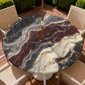 COTAIL Round Outdoor Tablecloth with Zipper and Umbrella Hole, Fitted Table Cloth with Elastic, Oil Waterproof Tablecover for Patio Picnic Camping Garden Fits 32"-36" Round Table, Colorful Marble