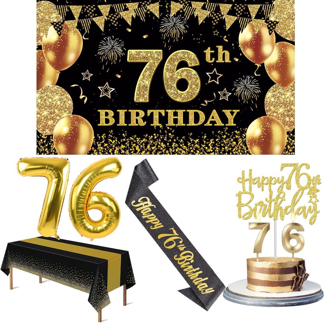 76th Birthday Decorations Men Women with 76th Birthday Banner, Black and Gold Table Cloth, Number Balloons, Sash, Cake Topper and Candles