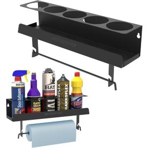UNITEDPOWER 5 Aerosol Spray Can/Paper Towel Holder, Paint Bottle Storage Rack, Steel Wall Mount Shelf, Tool Organizer for Garage, Craft Workspace and Home