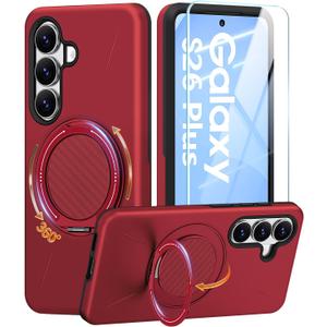 JAME for Samsung Galaxy S26+ Plus Case, Ring Holder Stand Kickstand, Dual Layer Shockproof Protective Cover with Screen Protector, Magnetic Accessory Friendly Galaxy S26+ Plus Phone Case 6.7", Red