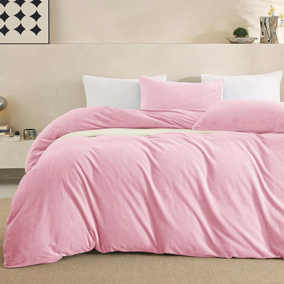 JELLYMONI Baby Pink Velvet Duvet Cover Queen Size - 3 Piece Ultra Soft Plush Bedding Set, Luxury Fluffy Comforter Cover with Zipper Closure & 8 Corner Ties for Bedroom