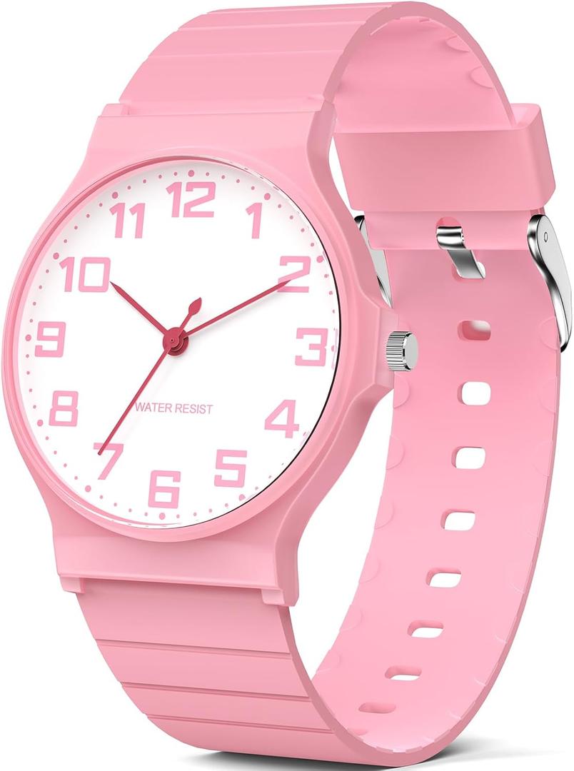 Kids Analog Watch Boys Girls, 30M Waterproof, Sports Watch for Boys, Easy to Read Children's Thin Dial Wrist Watches with Soft Band, for Ages 5-15 Kids Great Birthday Gifts Christmas Day (Pink-White Dial)