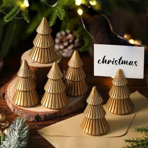 Bucherry 6 Pcs Christmas Tree Place Card Holders Mini Antique Gold Christmas Table Number Holders Farmhouse Resin Winter Table Centerpieces Decor for Xmas Wedding Party Decorations (2.36 Inch)