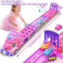 Unicorn Truck Toys for 2 3 4 5 6 7 Year Girl Toddler Foldable Track 2 Player Race Mode Friction Power Toy Cars Light&Sound Push Transport Carrier W/ 6 Princess Cars Birthday Gift Idea for Kids Girls