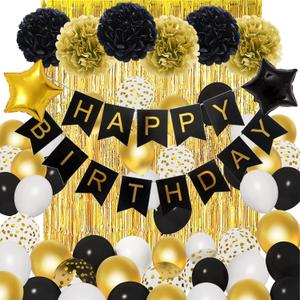 Amandir Black Gold Birthday Decorations for Men Women Black Gold White Confetti Balloons Happy Birthday Banner Pom Poms Metallic Fringe Curtains 18th 30th 40th 50th 60th Graduation Supplies