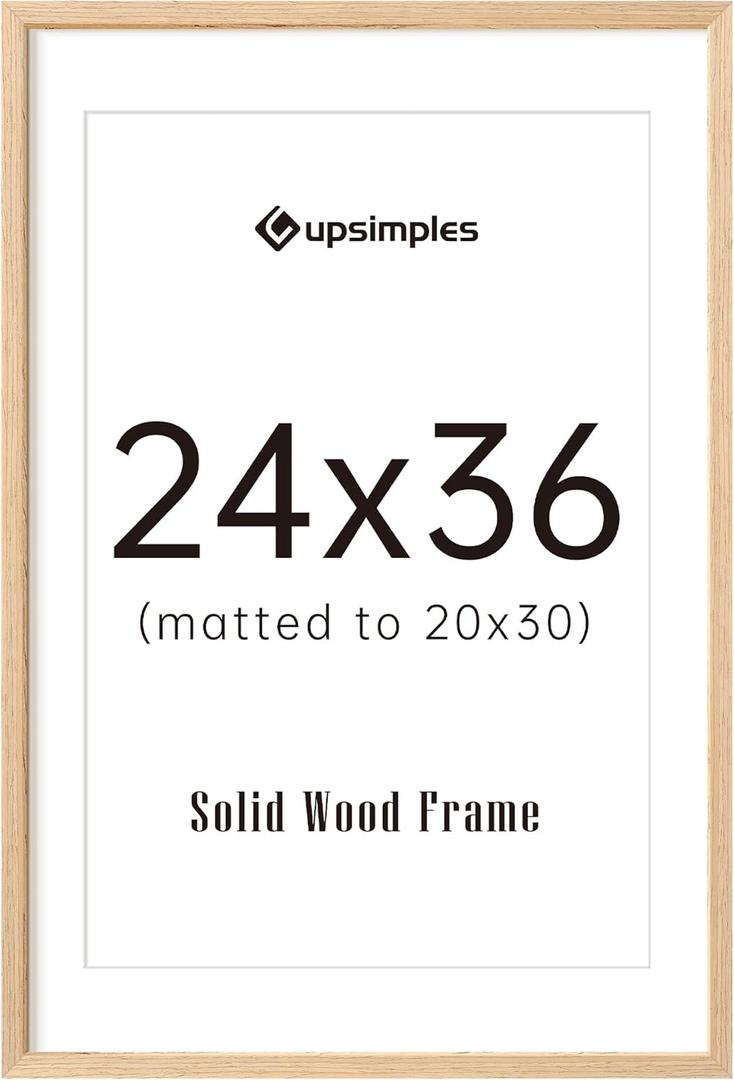 upsimples 24x36 Poster Frame, Natural Solid Wood Picture Frames, Display 20x30 with Mat or 24 x 36 Without, Vertical & Horizontal Wall Hanging, 1 Pack, Natural