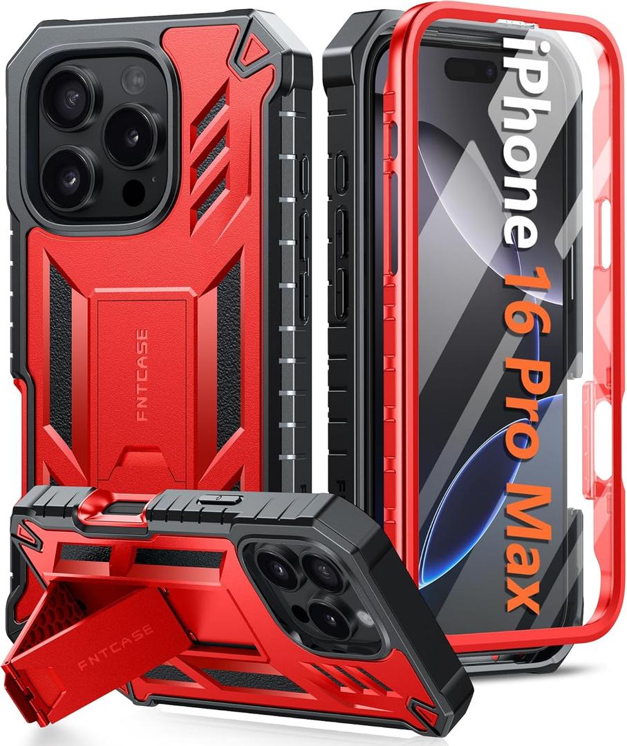 FNTCASE for iPhone 16 Pro-Max Case: Military Grade Drop Proof Protection Mobile Cover with Kickstand | Matte Textured Rugged Shockproof TPU | Protective Sturdy Phone Case - 6.9 inch Red