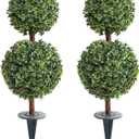 Momoplant Artificial Topiary Double Ball Trees with Ground Spike 27 Inch for Outdoor/Indoor [2 Pack] 2 Ft Faux Boxwood Plants