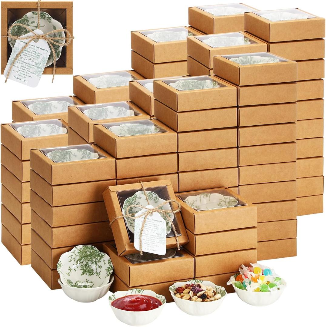 Teenyyou 80 Pack Wedding Favors for Guests Small Ceramic Bowls Bulk Gifts Set 3.3 Inch Sage Green Verdure Design Mini Dipping Bowl Sauce Dish with Cards Box for Party Shower Favor Souvenir, 3.35 inches in diameter. 1.38 inches in height