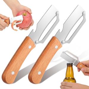 2PCS Multifunctional Vegetable Peeler, Stainless Steel Peeler with Wooden Handle and Built-In Bottle Opener, Kitchen Gadget for Fruit Vegetable Prep Ergonomic