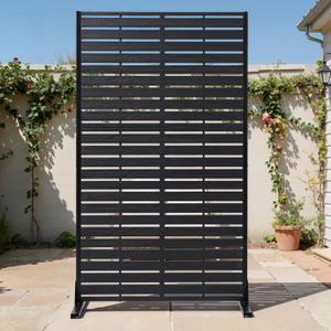 Outdoor Privacy Screen 60" H HDPE Decorative Panel Freestanding Privacy Fence with Stand, Privacy Screens with Louvered 5 Panels, Weather-Resistant Panel Fence for Patio, Balcony, Pool, Black