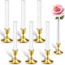6-Pack Glass Bud Vase for Candlesticks & Brass Gold Taper Candle Holder Set, 7" Bud Vases for Flowers, Fits in 20-22mm Candle Vase Holders with Silicone Adapters for Tablescapes, Weddings & Home Decor