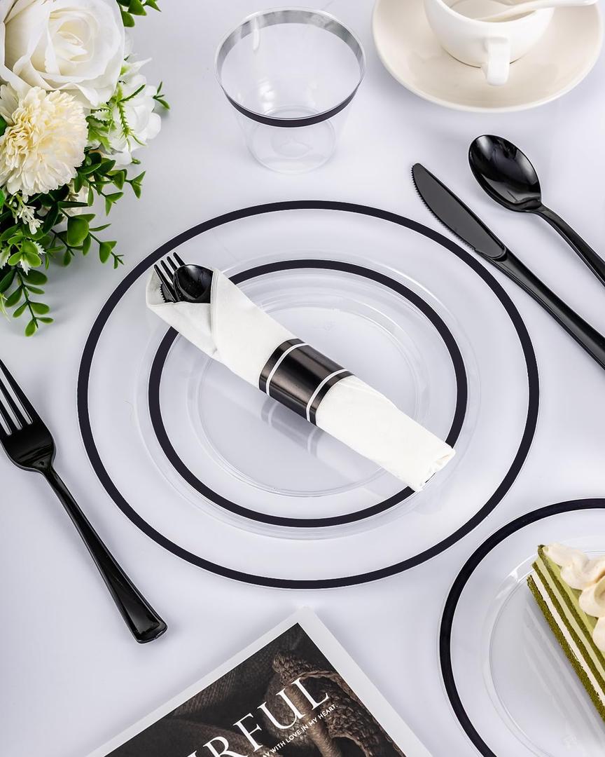 350Pcs Clear & Black Plastic Plates for Party, Disposable Dinnerware Set for 50 Guests,100 Plastic Plates,50 Cups, 50 Pre-Rolled Napkins with Cutlery for Party, Wedding, Christmas