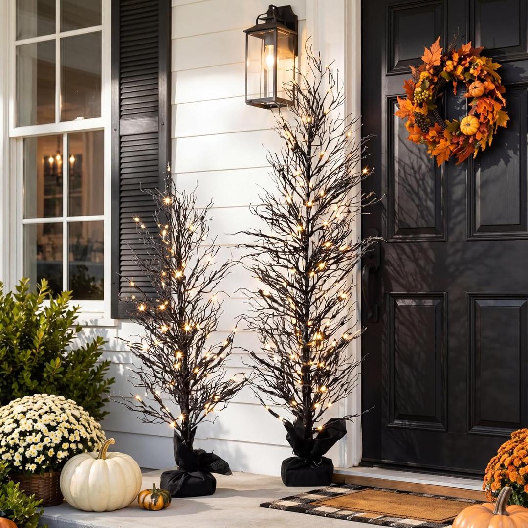 2 Holiday Light Up Tree Set, Halloween Black, 2' 5'