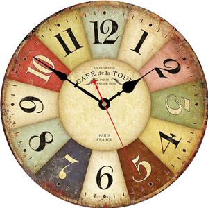 VIKMARI Clocks Battery Operated Wooden Wall Clock Retro Rustic Clock Decorative 14 Inch Arabic Numerals Colorful Silent Non Ticking Wall Clocks for Kitchen, Living Room, Bathroom, Bedroom Home Decor (Paris French)