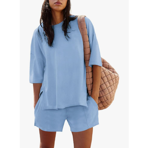Womens Shorts Sets 2 Piece Outfits Summer 2025 Half Sleeve Crew Neck Cotton Lounge Sets Matching Clothing, Medium