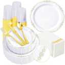 Fijinhom 350 PCS White and Gold Disposable Plates, Elegant Dinnerware Set for 50 Guests, 100 Plastic Plates, 150 Silverware, 50 Cups & 50 Paper Napkins, White and Gold