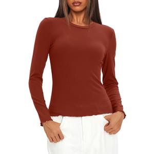 Darong Long Sleeve Tops for Women Basic Fitted Shirts | slim fit, crew neck, fall tshirt, ribbed knit, undershirt, soft material,lettuce edge, stretch (XS)